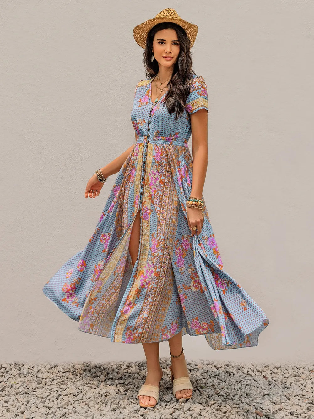 Smocked Floral V-Neck Short Sleeve Midi Dress