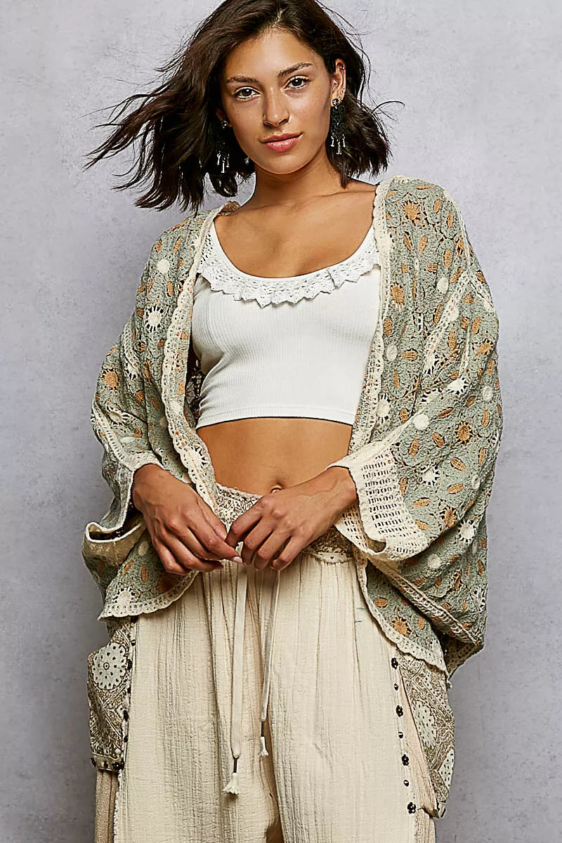 POL Open Front Floral Pattern Crochet Cardigan