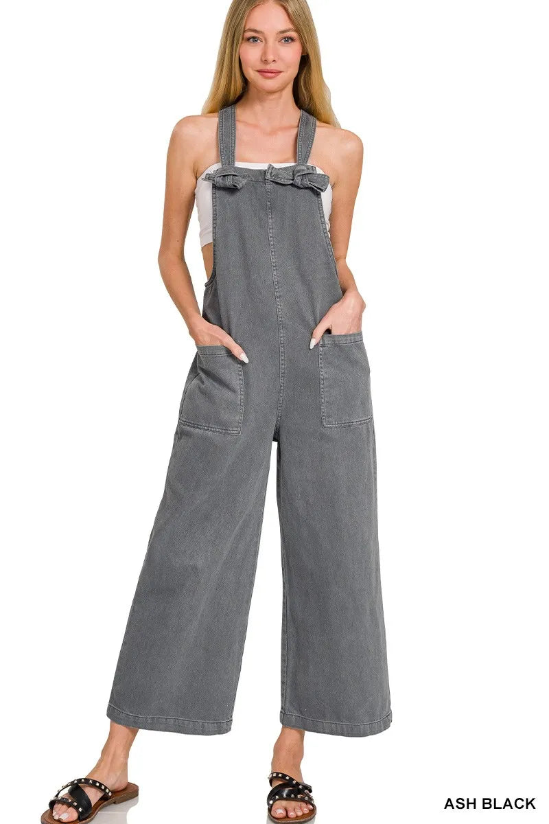 Zenana Washed Knot Strap Jumpsuit With Pockets For Women Vintage Look Everyday Wear