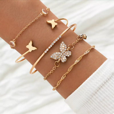 Five Piece 18K Gold Plated Butterfly Bracelet Set With Crystal Accents