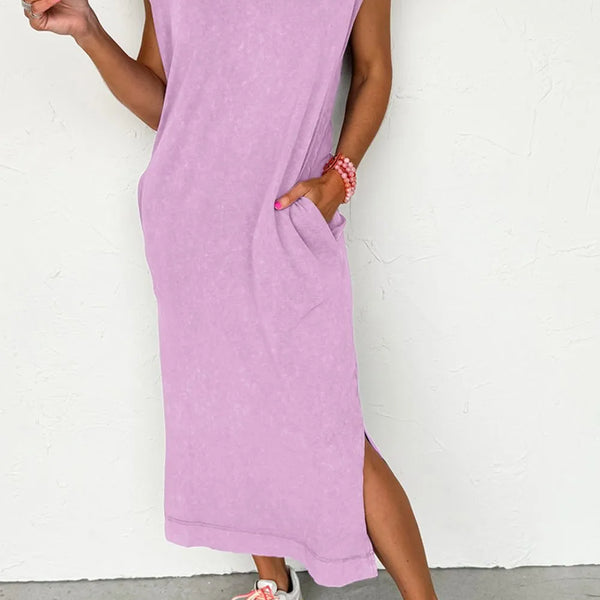 Side Split Round Neck Cap Sleeve T-Shirt Dress