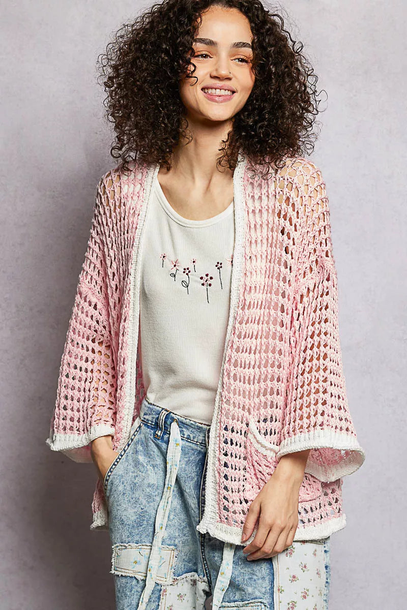 POL Open Front Openwork Cardigan with Contrast Trim