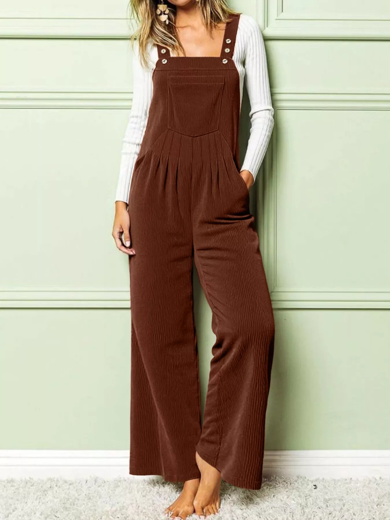 Women Ruched Front Wide Leg Jumpsuit With Pockets Polyester Spandex Effortless Comfort