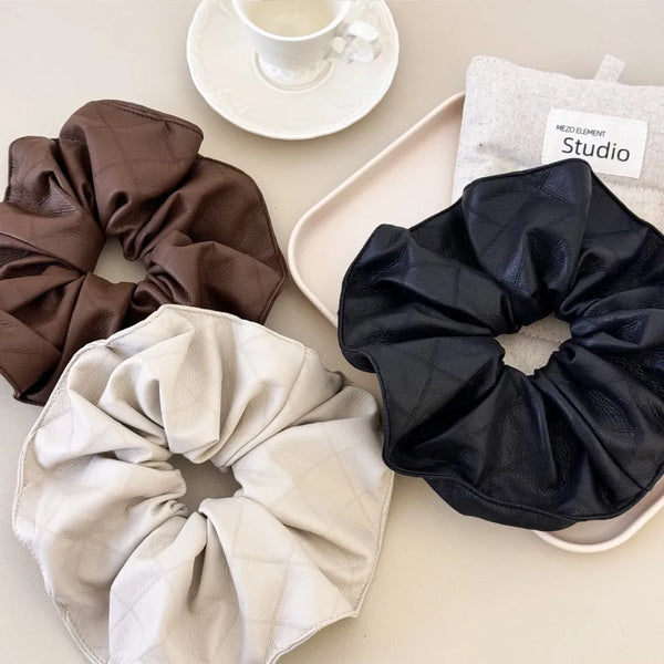Three Piece PU Leather Elastic Hair Scrunchies Set For Strong Hold