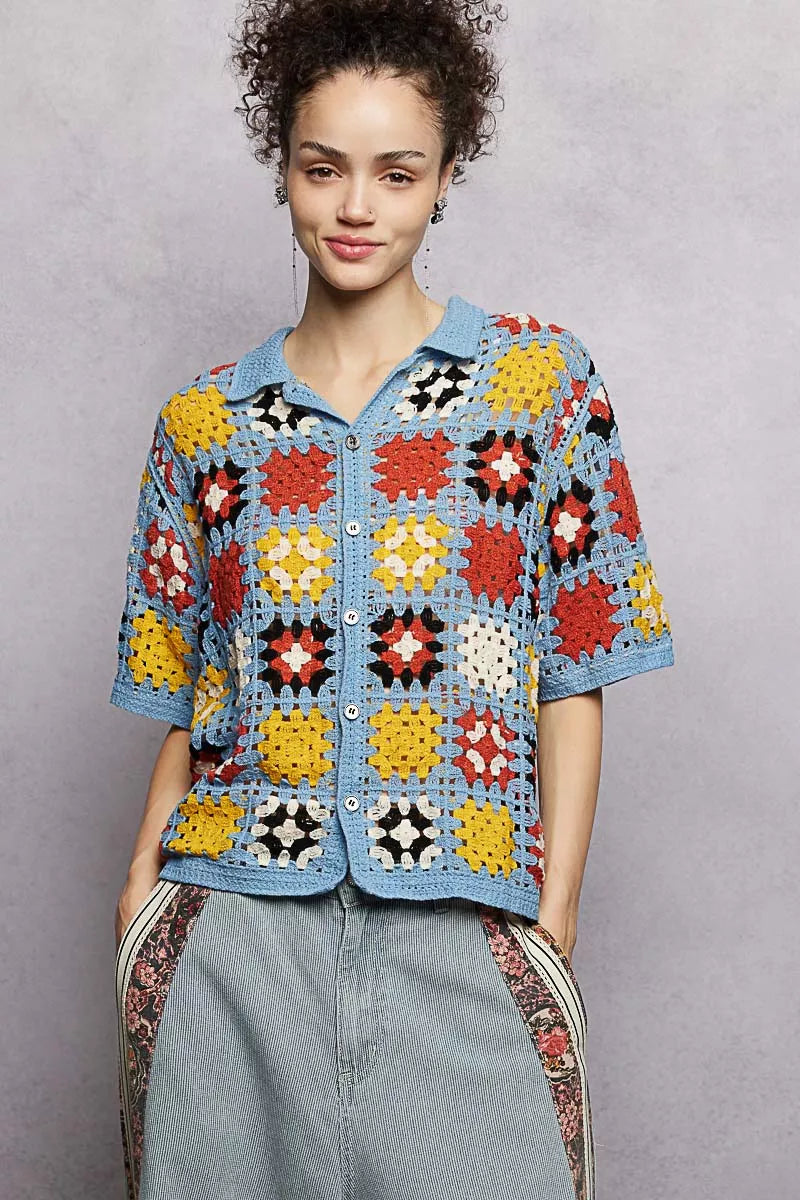 POL Crochet Short Sleeve Relaxed Fit Shirt
