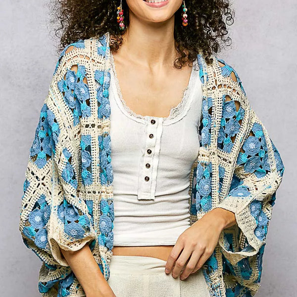 POL Open Front Floral Crochet Cardigan