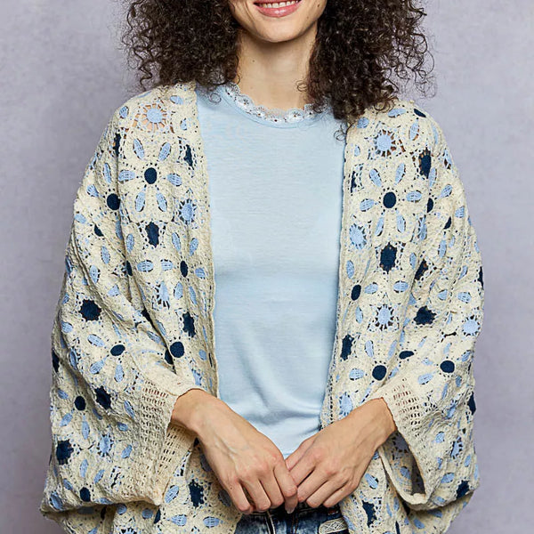POL Open Front Floral Pattern Crochet Cardigan