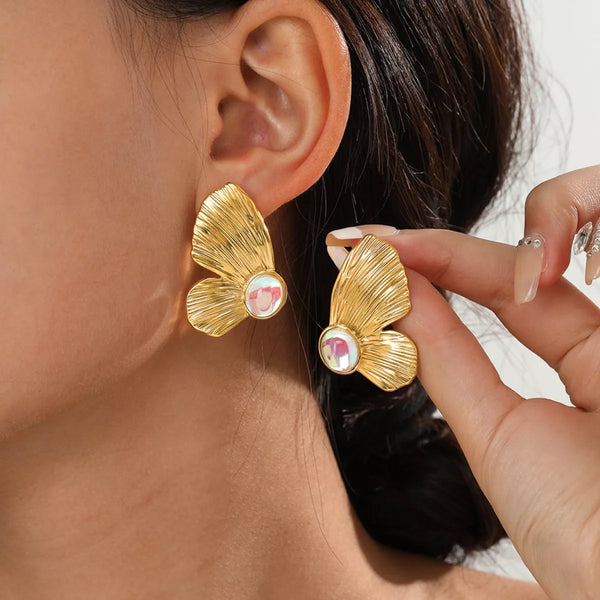 18K Gold Plated Butterfly Wing Earrings Resin Stainless Steel Pair