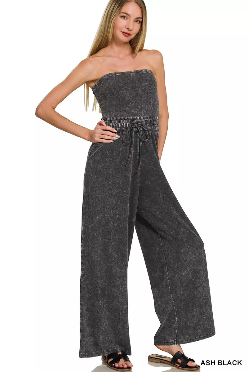Zenana Acid Washed Strapless Tube Top Jumpsuit For Women Edgy Night Out Retro Look