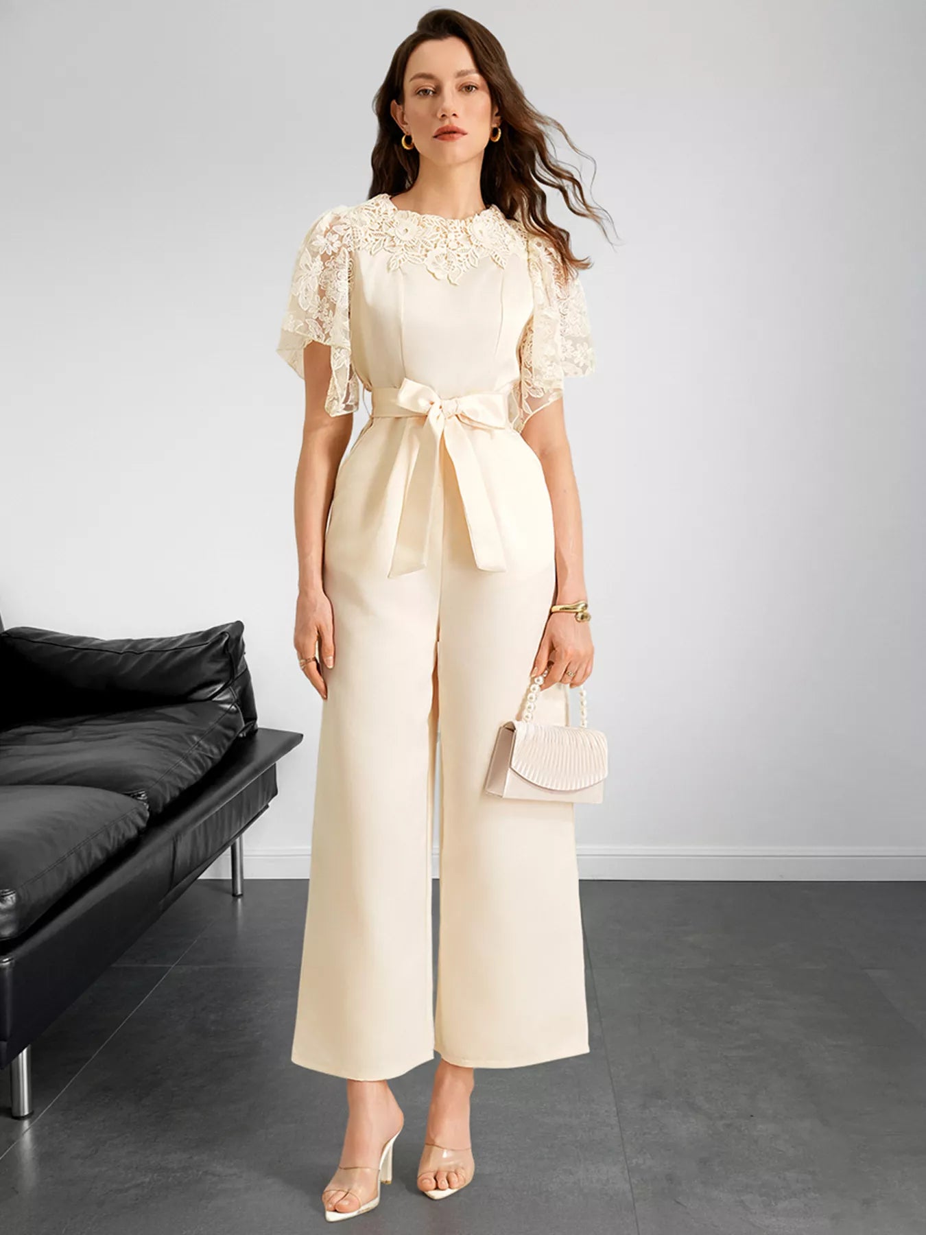 Lace Trim Belted Wide Leg Jumpsuit