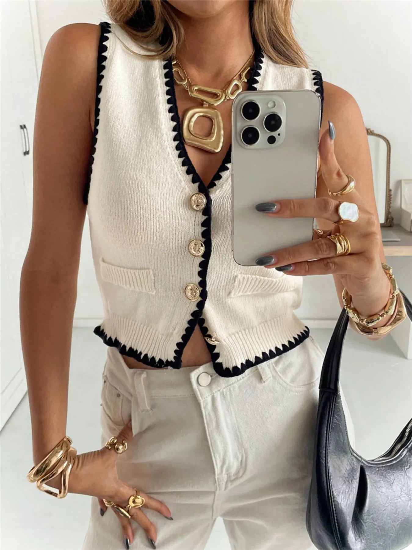 Contrast Trim Button Up Sweater Vest