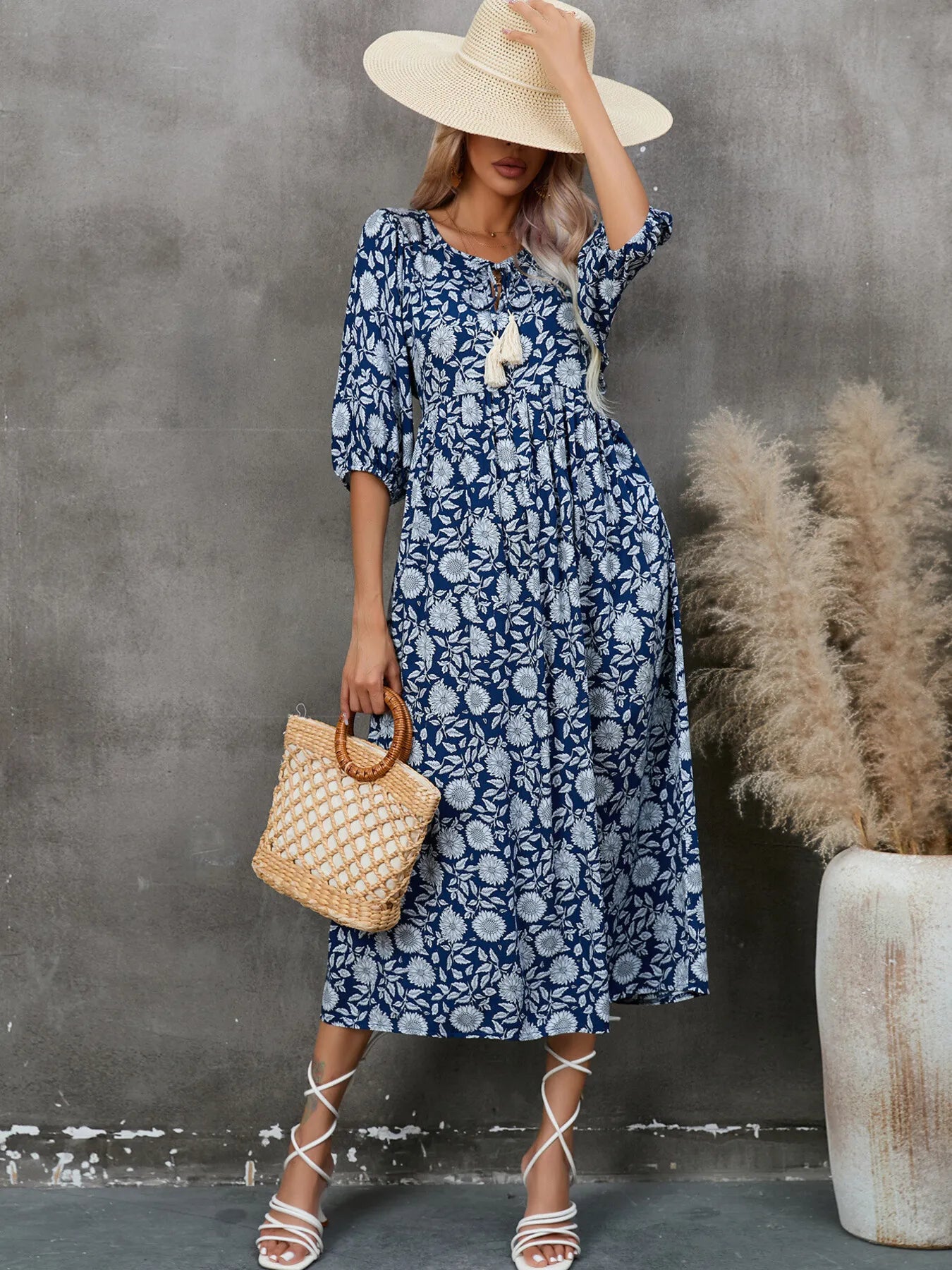 Printed Tie Neck Midi Dress