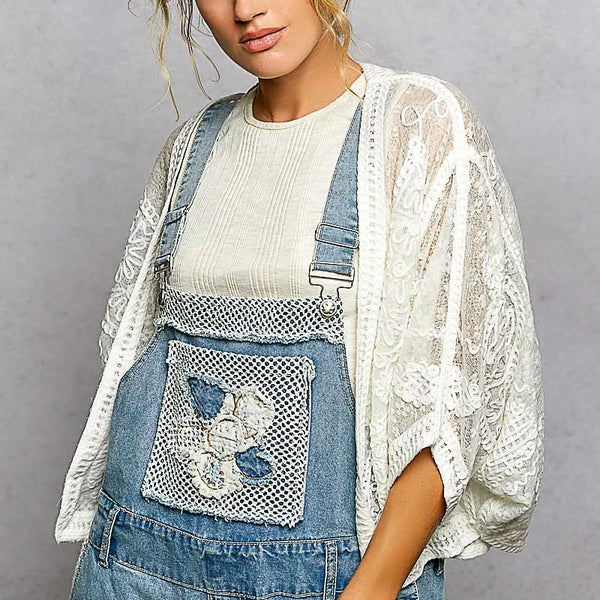 POL Open Front Crochet Cardigan with Floral Embroidery