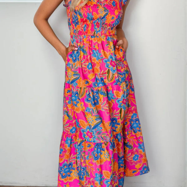Printed V-Neck Cap Sleeve Pocketed Midi Dress