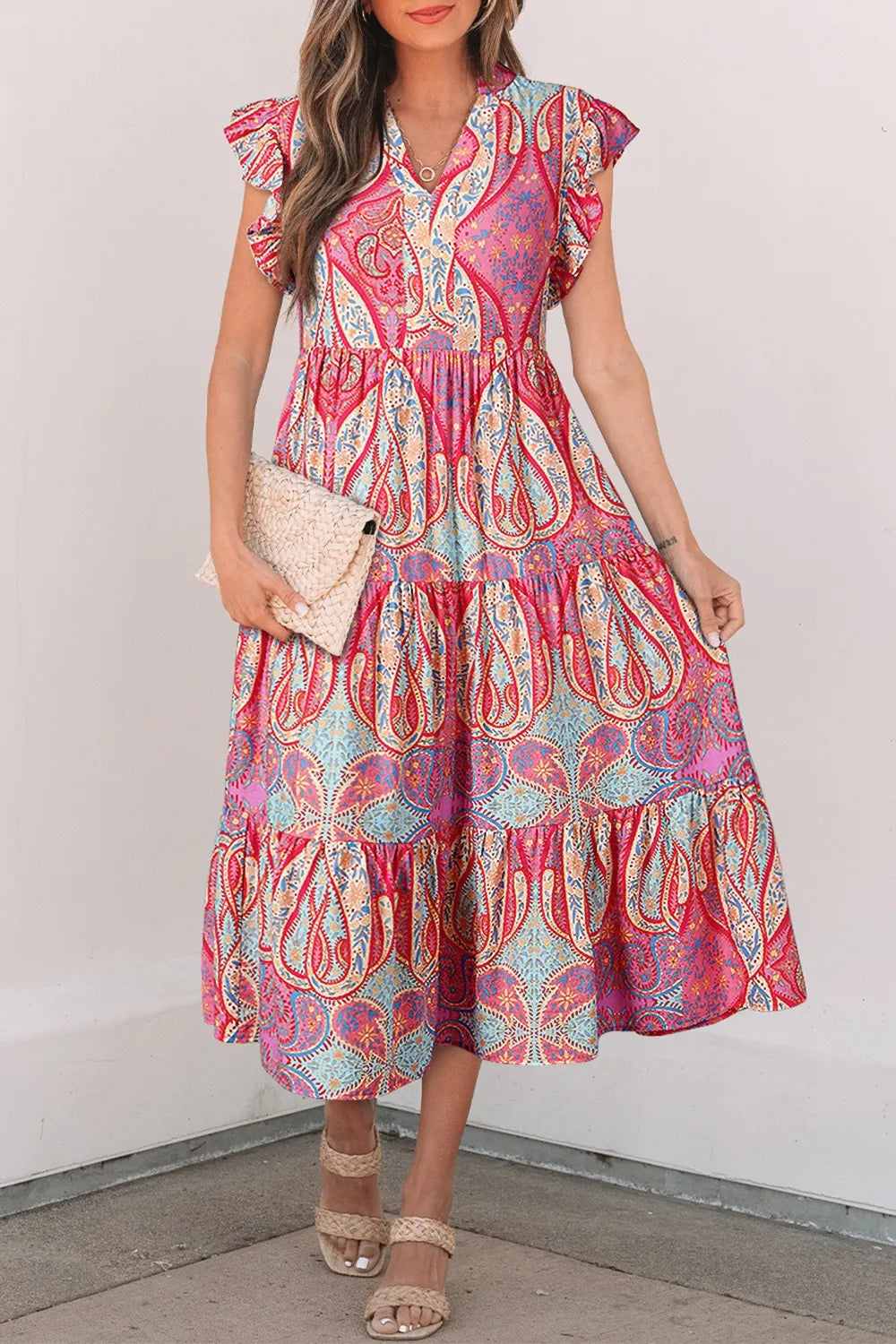 Tribal Paisley Print Ruffled Sleeve Notch Neck Midi Dress