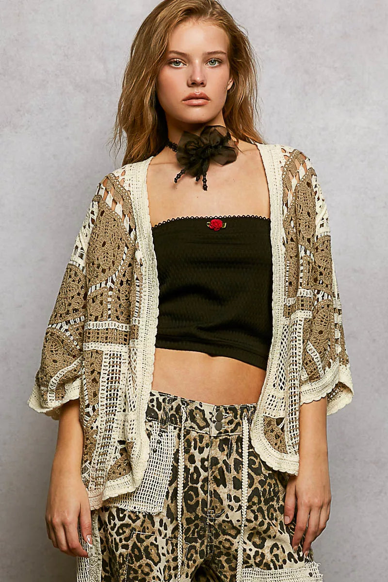 POL Open Front Crochet Cardigan with Scalloped Edge