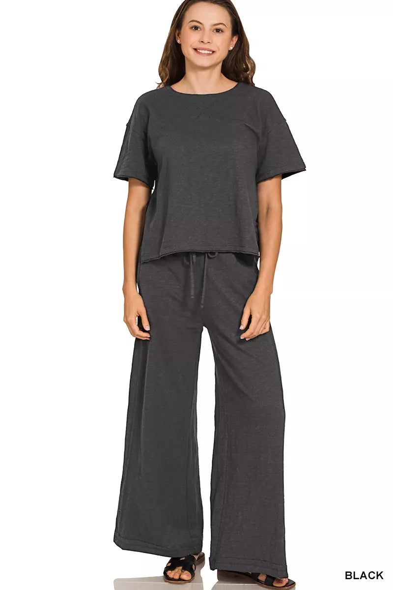 Zenana Cotton Slub Short Sleeve Tee and Pants Set