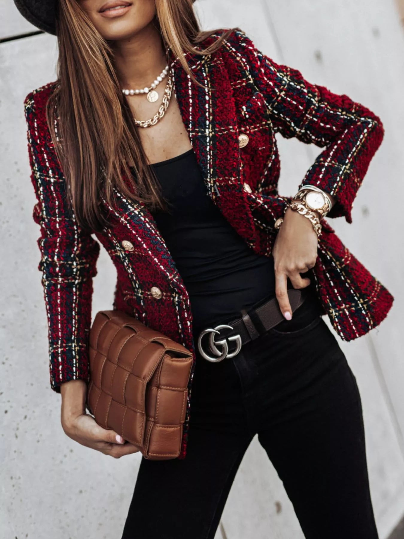 Full Size Plaid Tweed Double-Breasted Blazer Plus Size