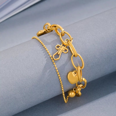 18K Gold Plated Cross And Heart Charm Bracelet Stainless Steel