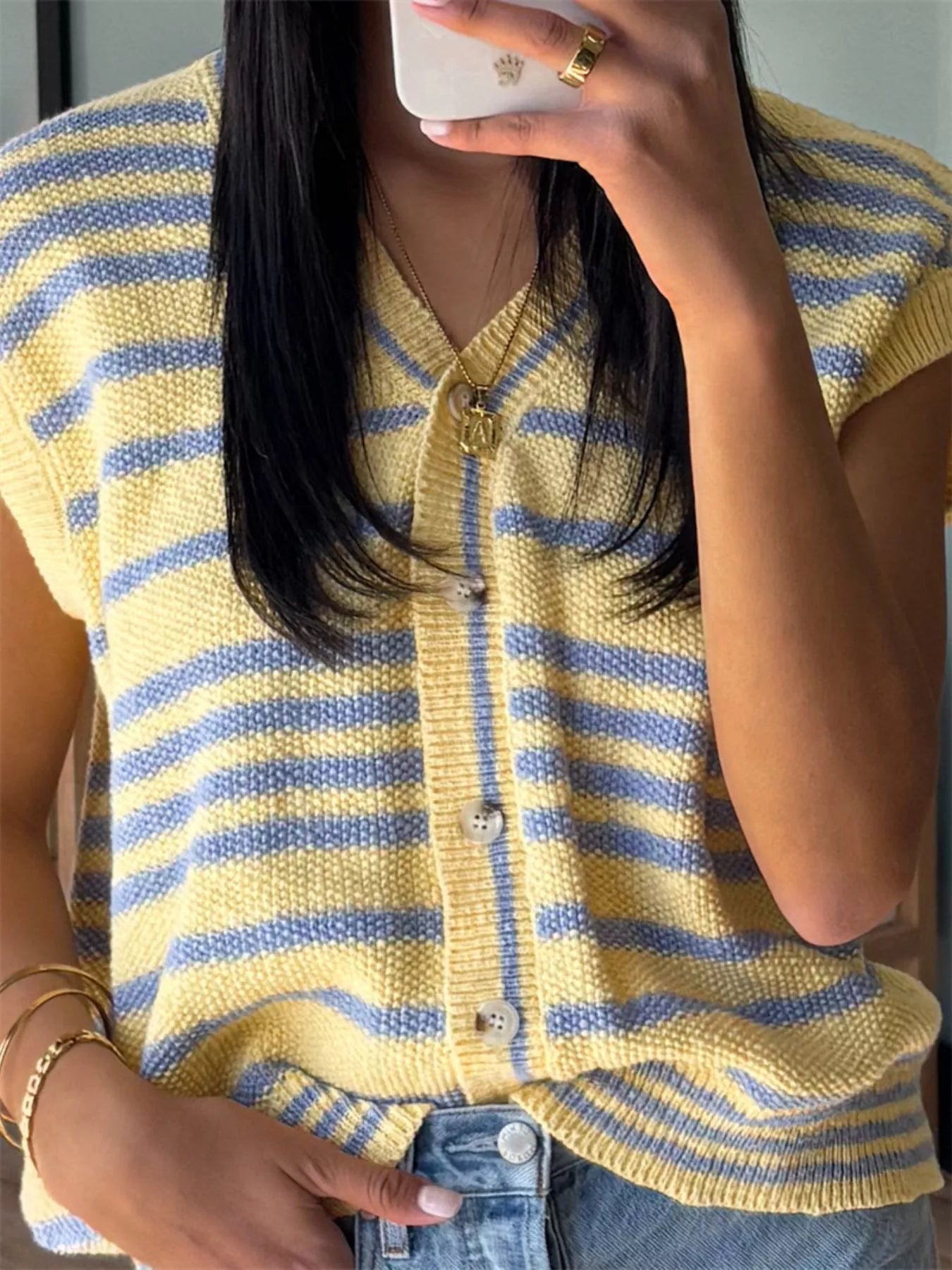 Striped Knit Button Up Cap Sleeve Cardigan