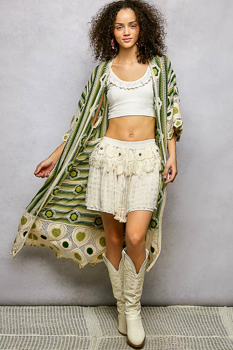 POL Striped and Floral Pattern Crochet Longline Cardigan