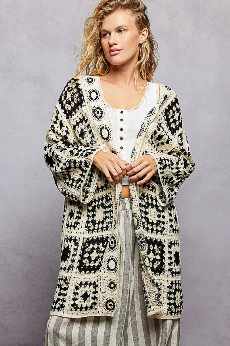 POL Open Front Crochet Cardigan with Granny Square Pattern