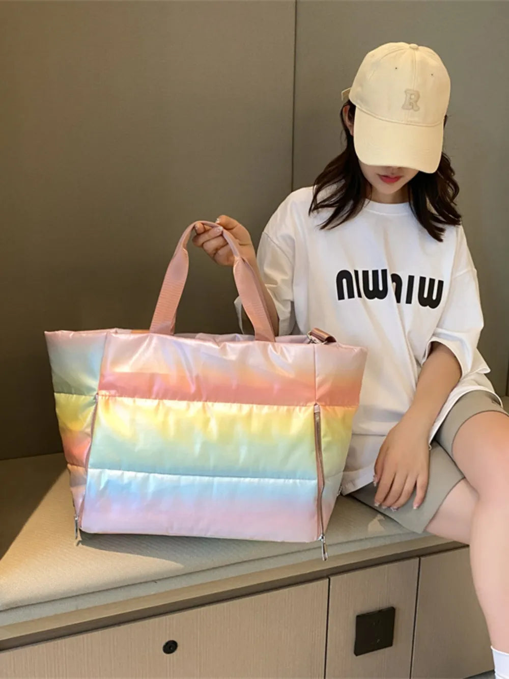 Gradient Quilted Nylon Travel Bag Large With Side Zippers