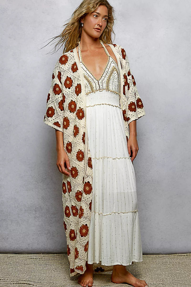 POL Open Front Floral Crochet Longline Cardigan