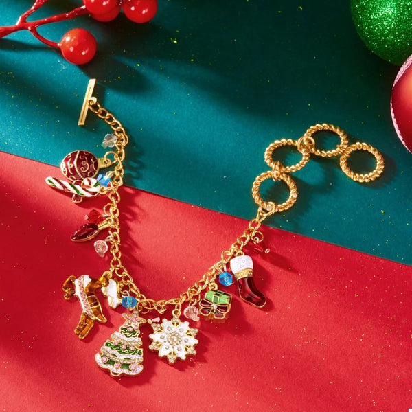 18K Gold Plated Christmas Charm Bracelet With Rhinestones