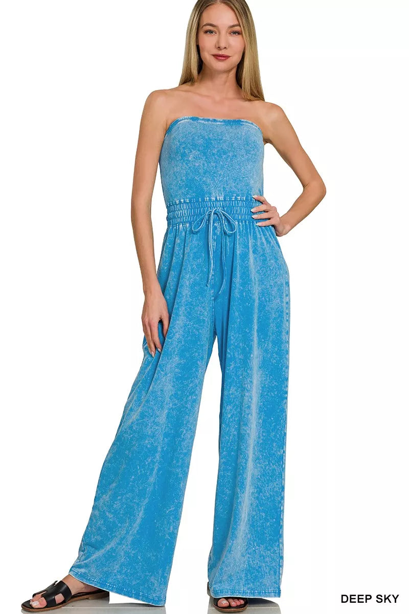 Zenana Acid Washed Strapless Tube Top Jumpsuit