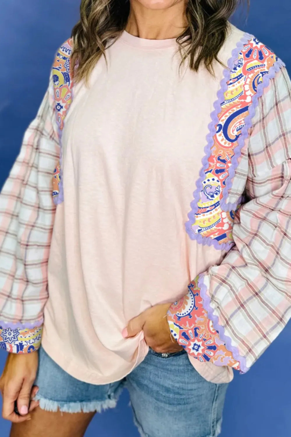 Paisley Print Plaid Long Sleeve Oversized Top