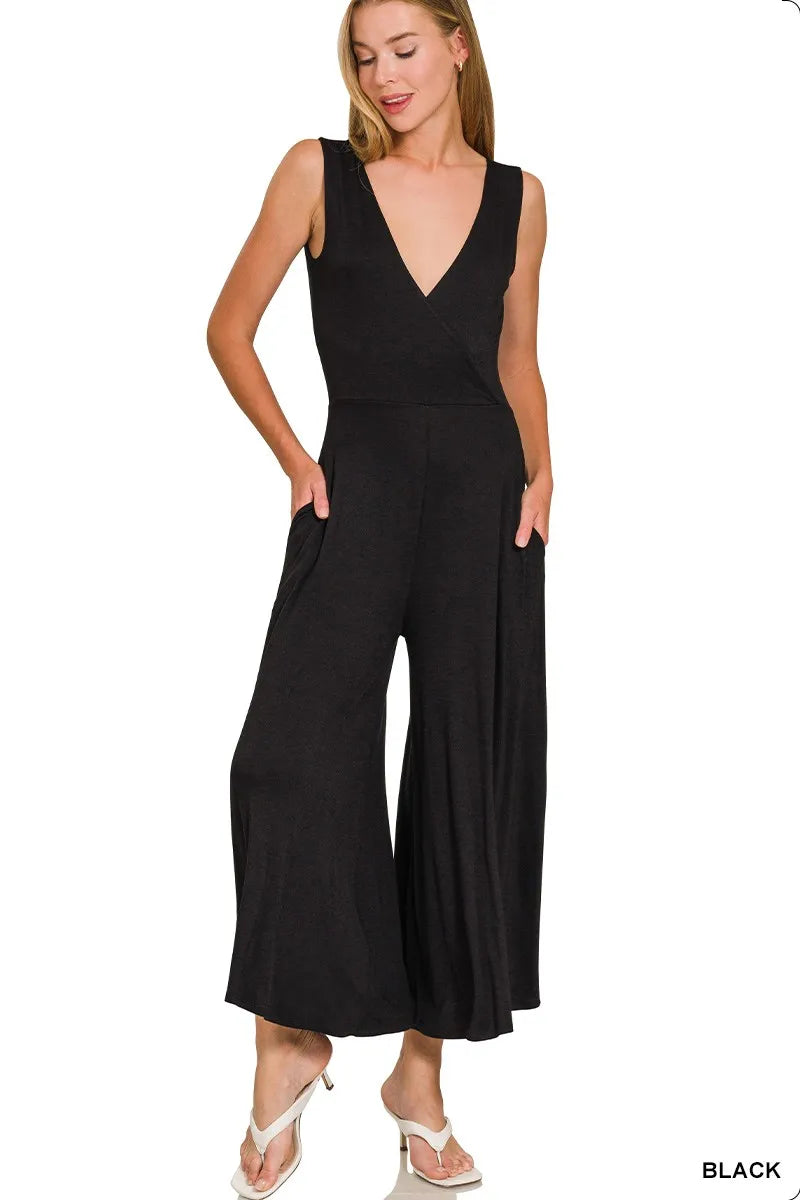 Zenana Surplice Neckline Sleeveless Jumpsuit