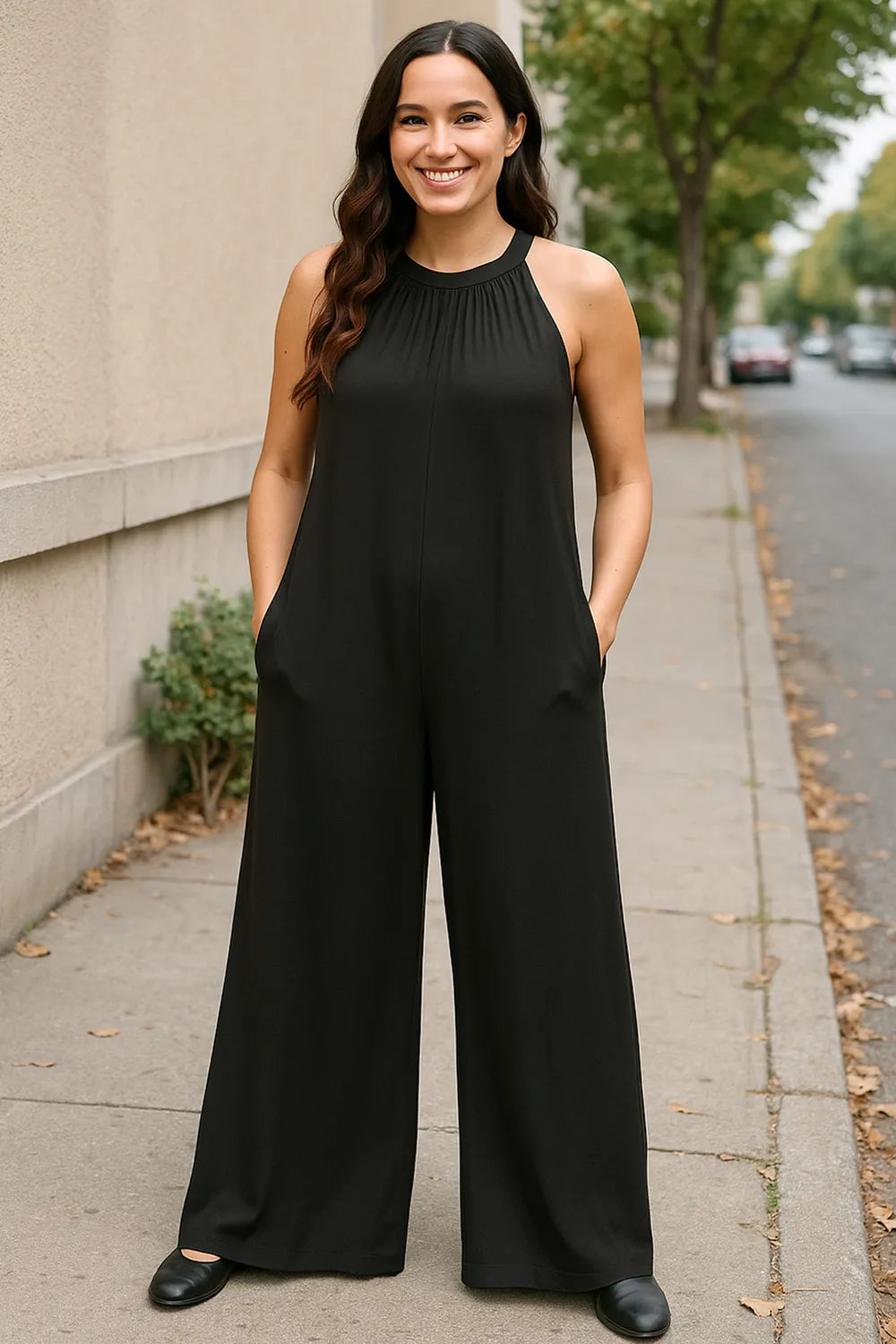 Double Take Tie Back Cutout Sleeveless Jumpsuit For Women Full Size Chic Flattering