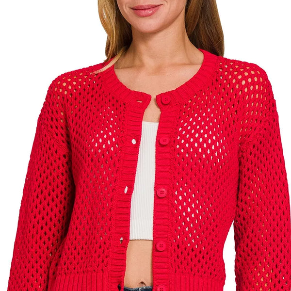 Zenana Button Down Lightweight Crochet Cardigan Sweater