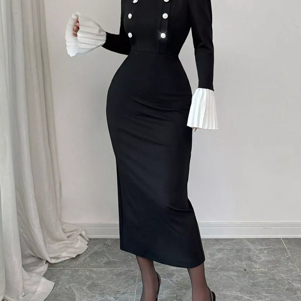 Two Tone Long Sleeve Midi Dress
