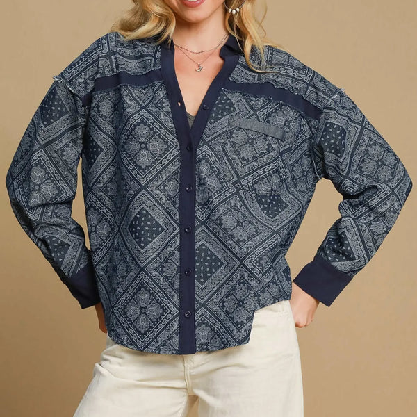Umgee Paisley Print Denim Shirt Jacket