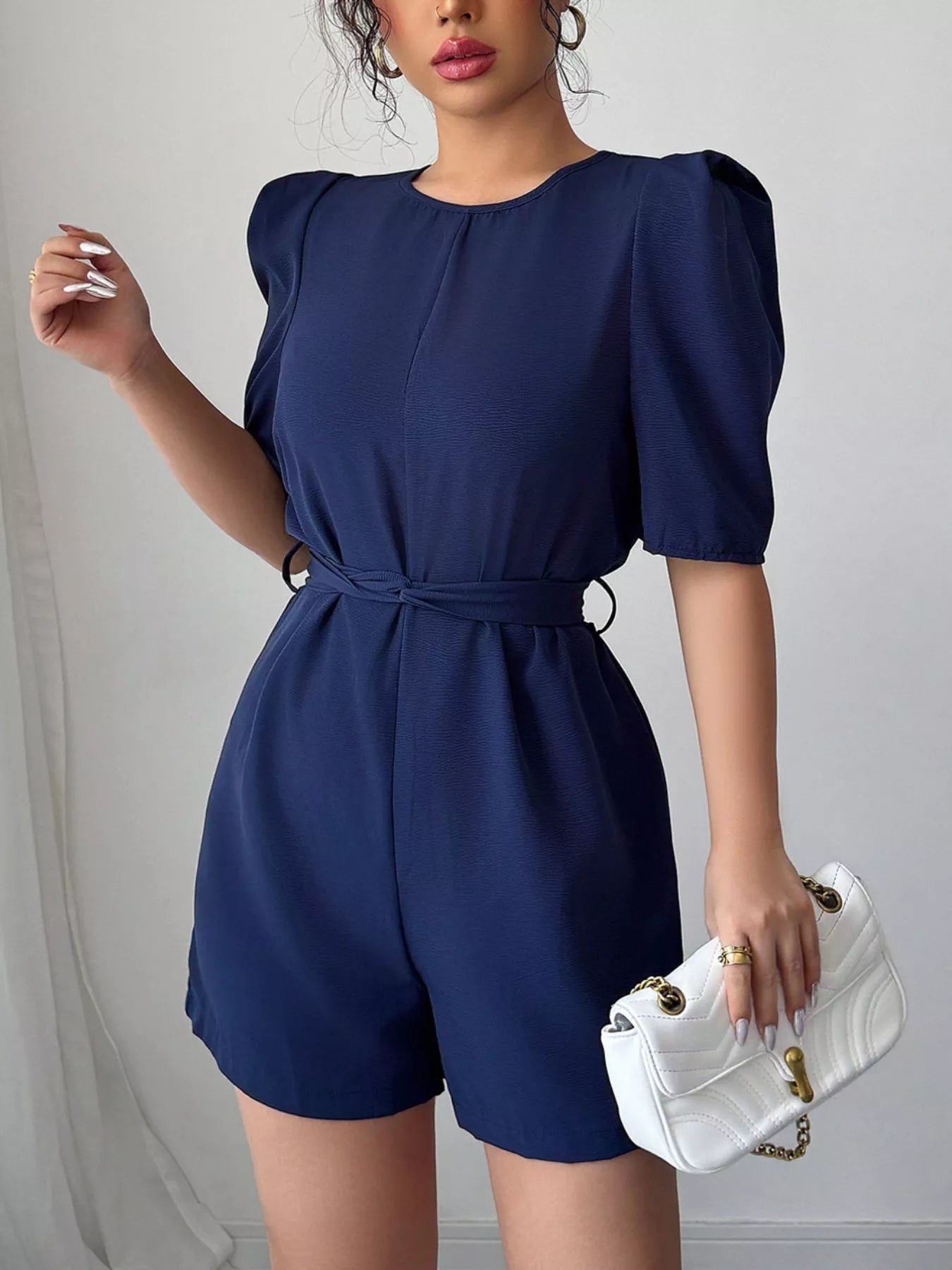 Tie Waist Short Sleeve Romper For Women Belted Polyester Jumpsuit Effortless Summer Outfit