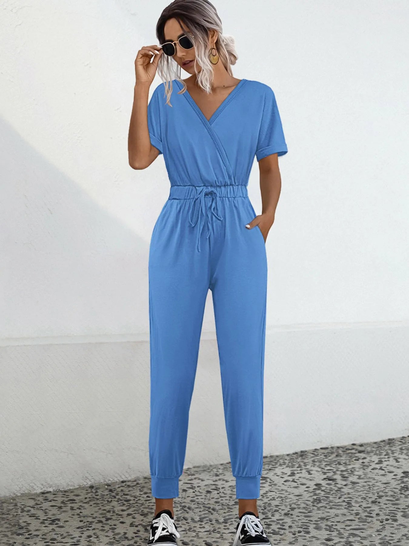 Women Drawstring Waist Short Sleeve Jumpsuit With Pockets Stretchy Polyester Spandex Easy Care