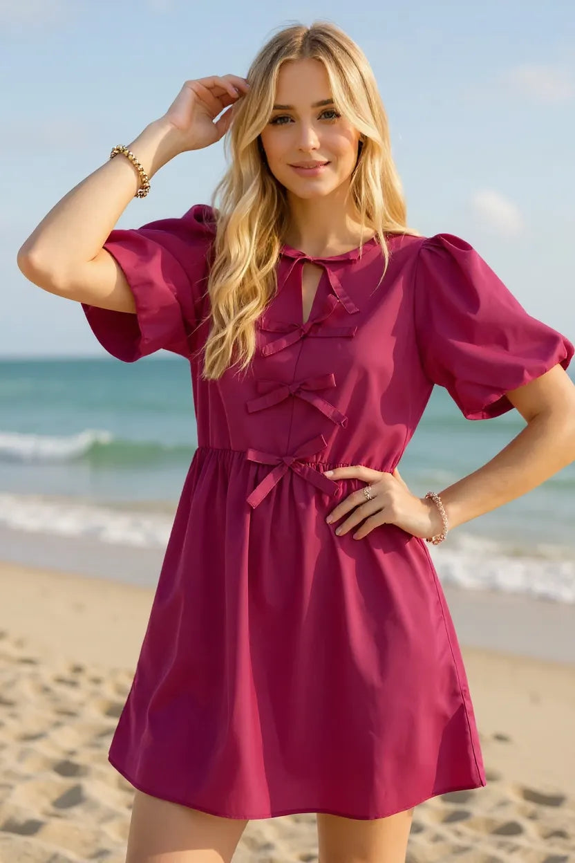 Oh Bow Ruched Puff Sleeve Mini Dress
