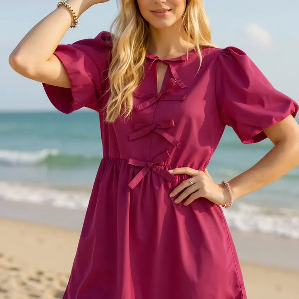 Oh Bow Ruched Puff Sleeve Mini Dress
