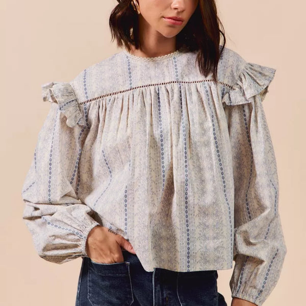 SO ME Floral Cotton Print Ruffled Long Sleeve Blouse