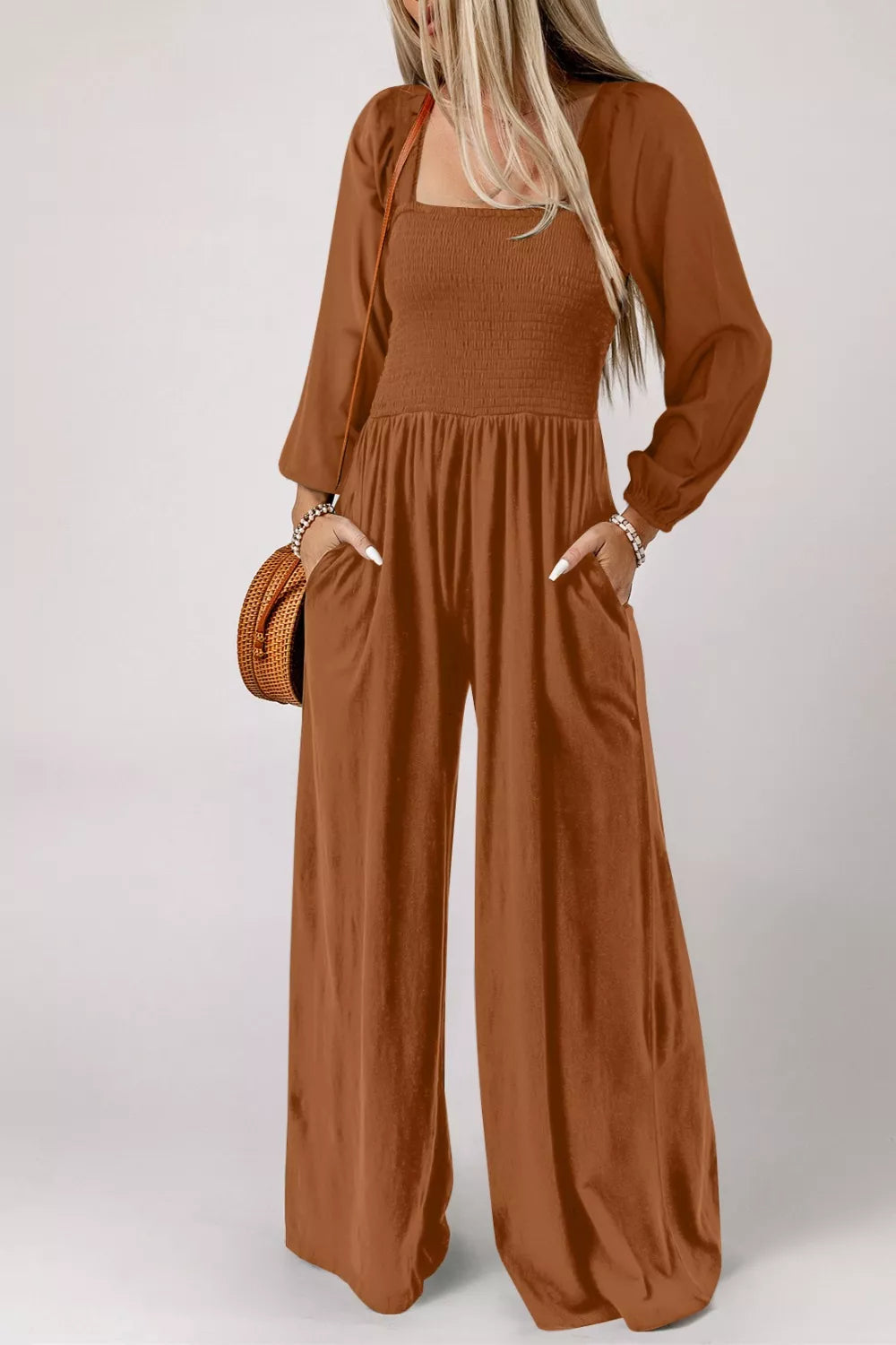 Boho Smocked Square Neck Wide Leg Jumpsuit For Women Polyester Machine Washable Effortless Chic