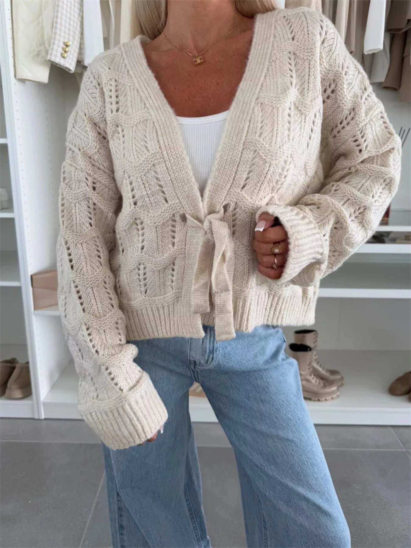 Tie-Front Openwork Cardigan