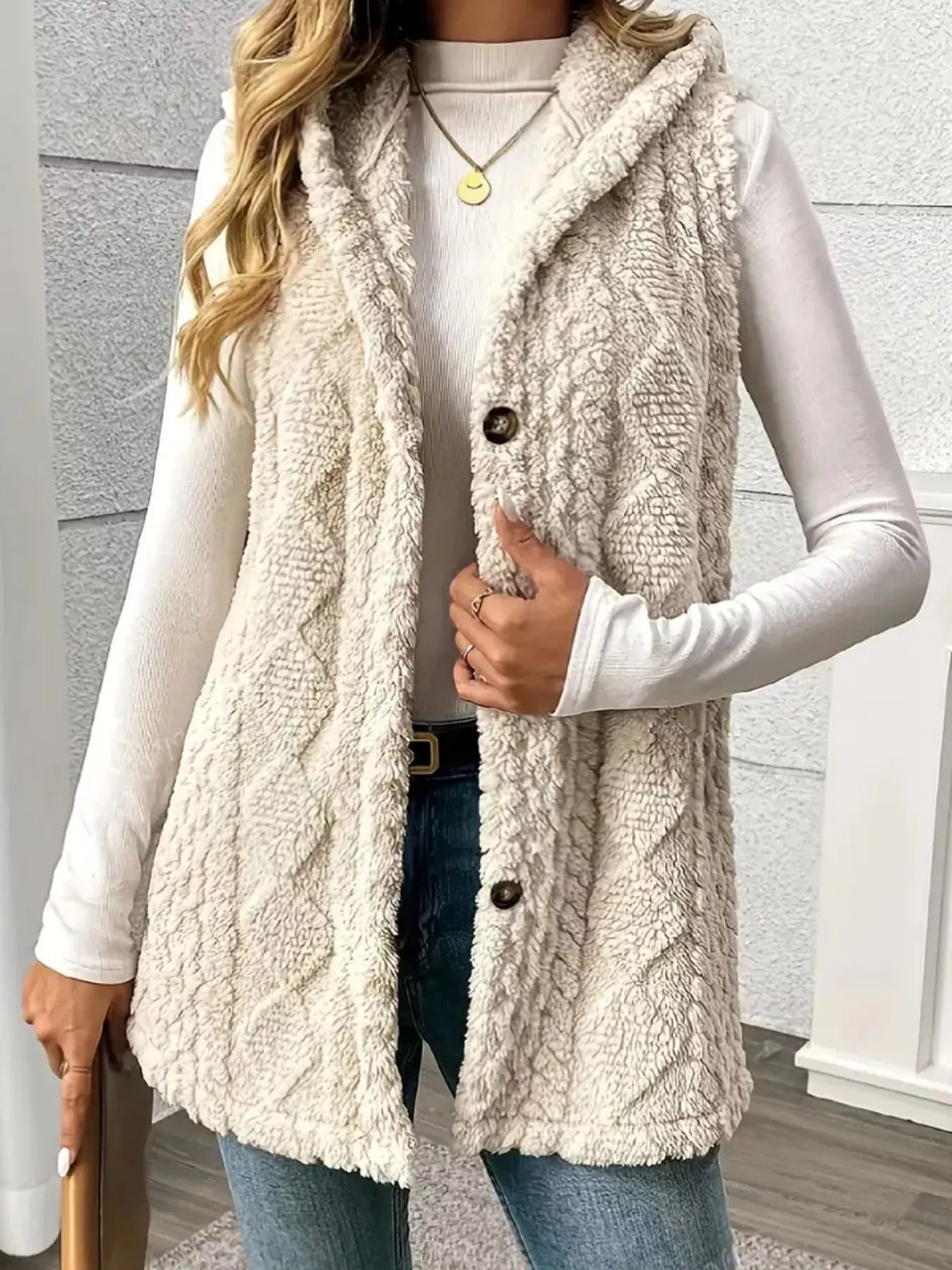 Hooded Button-Up Sherpa Vest Coat