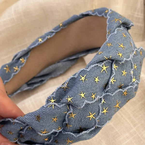 Star Braided Wide Denim Headband With Washed Finish