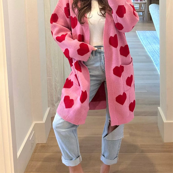 Heart Pattern Open Front Cardigan