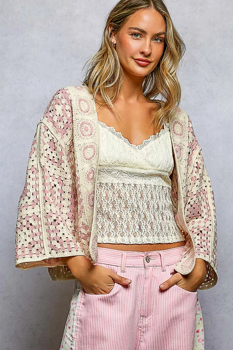 POL Open Front Crochet Cardigan with Granny Square Pattern