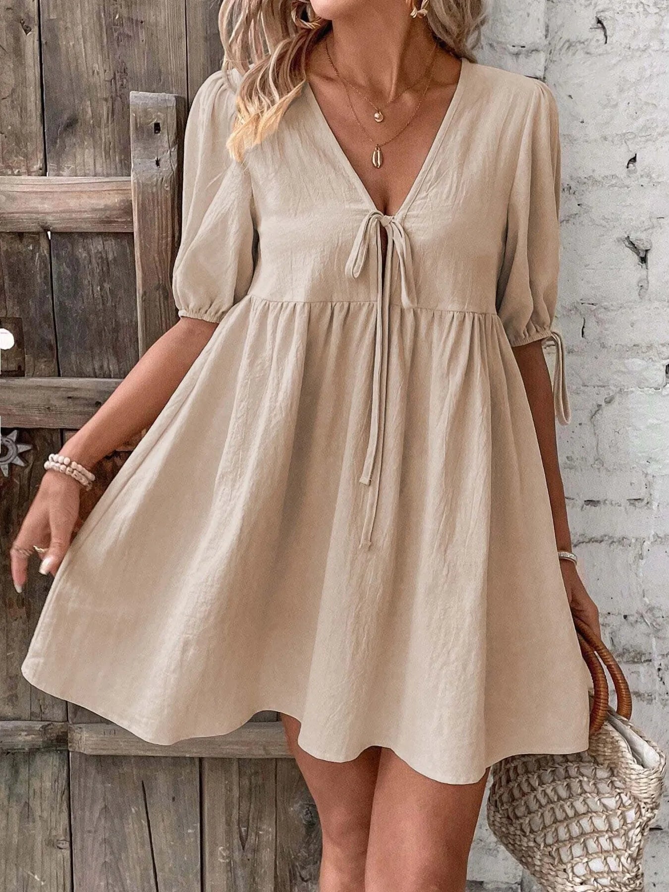 V-Neck Tie-Front Mini Dress with Puff Sleeves