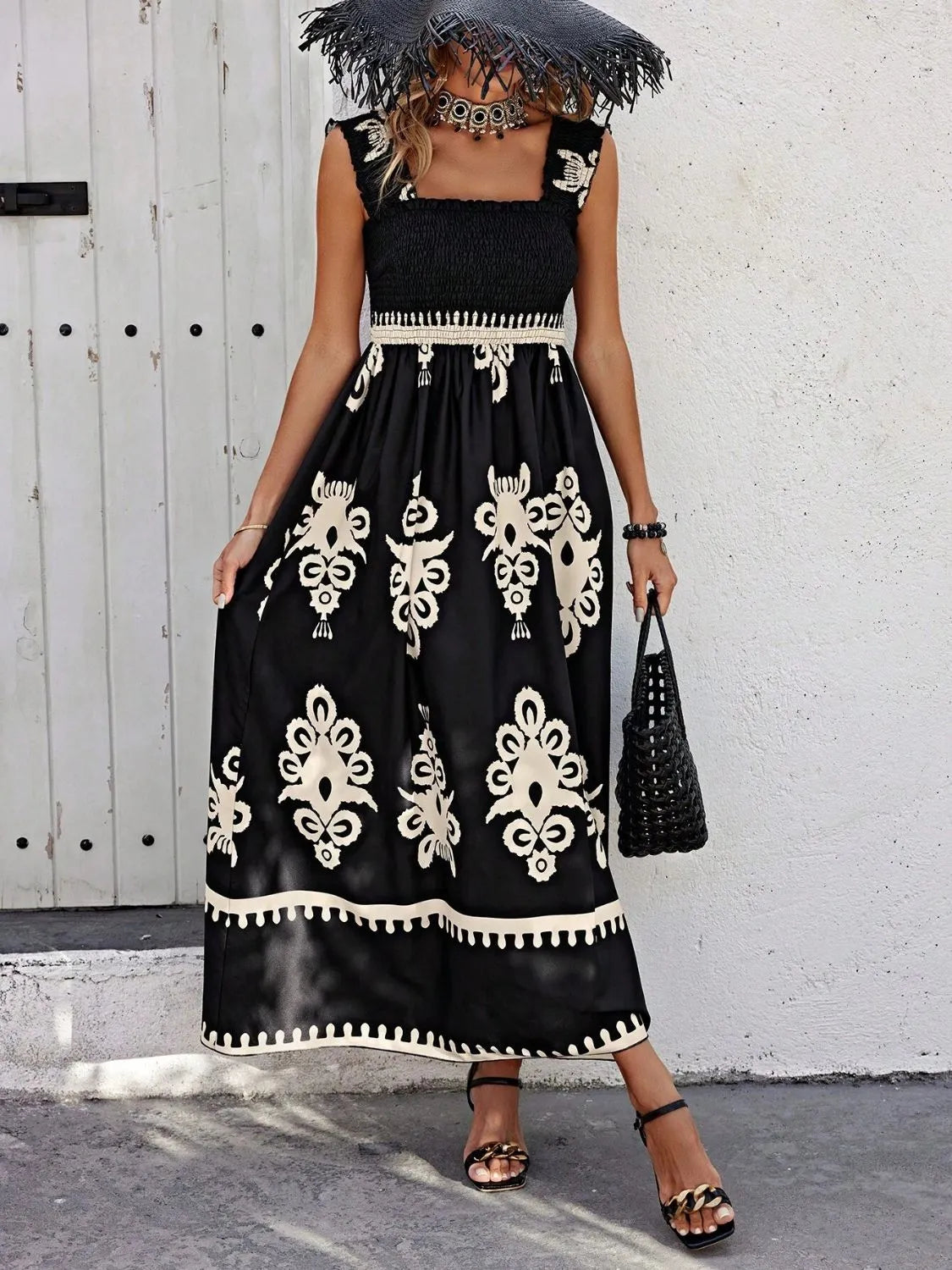 Smocked Printed Wide Strap Maxi Dress