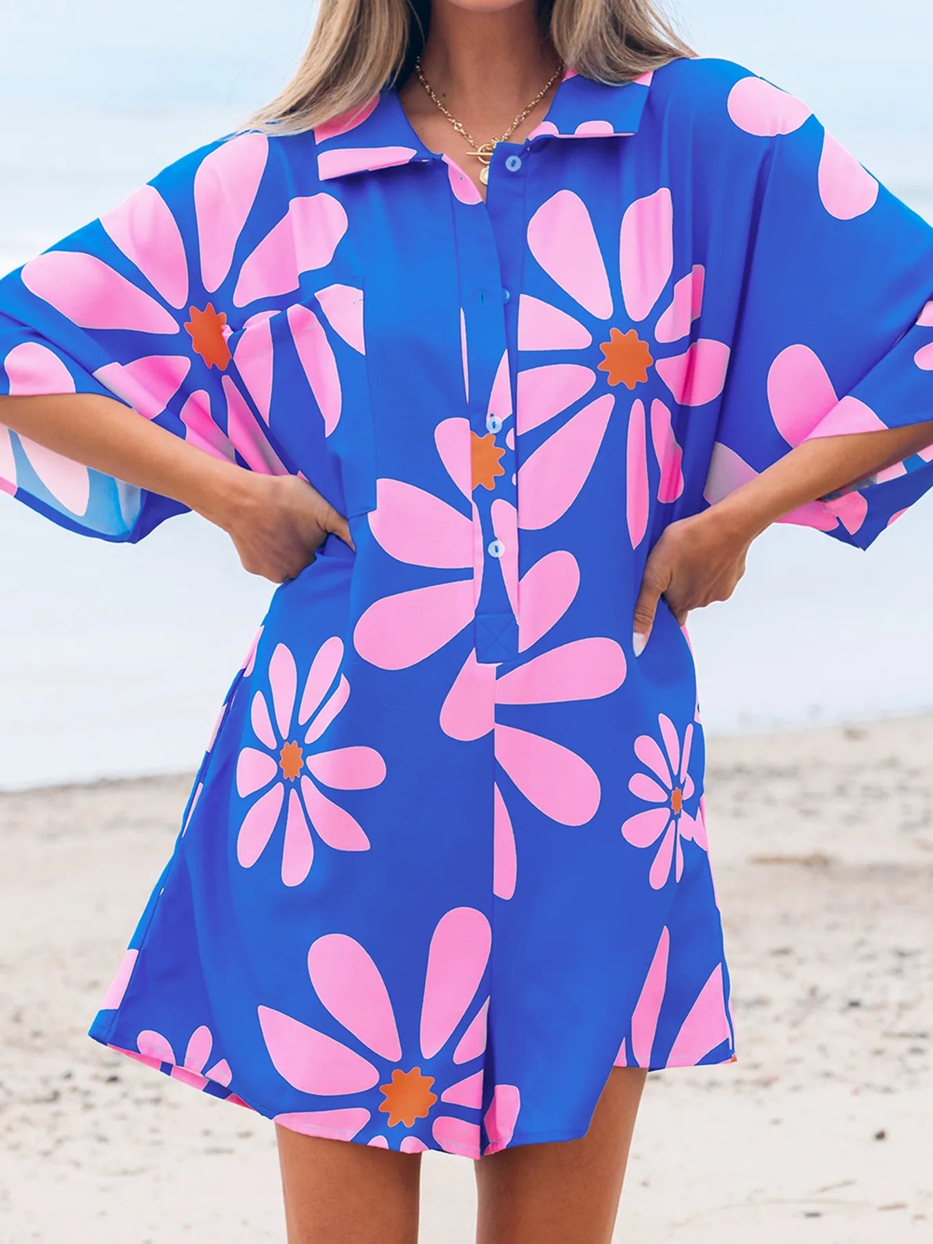 Summer Flower Print Shirt Collar Button Front Loose Romper